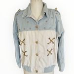 Amazing Vintage 80s Studded Gold Embellished Bomber Jacket Blue Cream Fresh L Size L Photo 1