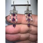 Boho Silver Tone Freshwater Pearl and Amethyst Bead Earrings Photo 2