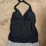 Apt. 9  Halter Swimdress Swimsuit Tummy Slimming Ruched Geometric Skirt Black 1X Photo 0