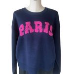 EXPRESS NWT  Navy Blue  “PARIS” Sweater Pink Fuzzy Letters Cozy Knit Pullover L Photo 2