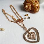 Gold Double Heart Crystal Pendant Necklace Set Photo 2