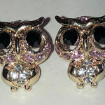 Elegant Gold Tone Owl Earrings with Pink and Black Accents Photo 0