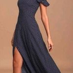 Lulus Dream Love Off-the-Shoulder Maxi Dress Navy Blue Polka Dot Size XS Photo 0