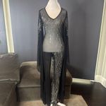 Women’s Black Sheer BodyCon Jumpsuit Silver Accents Bat Wing Sleeves **Size S Photo 2