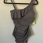 Garnet Hill NWT  Asymmetric One Shoulder Ruffle Polka Dot Grey Swimsuit 8 Photo 0