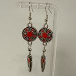 Silver & Red Boho Feather Dangle Earrings Western Mandala Drop Design Photo 0