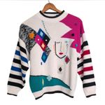 Vintage 80s Adrian Spencer Beaded Appliqué Sweater. 3D Novelty Colorful Kitsch L White Size L Photo 0