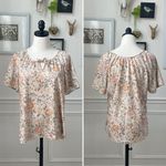 Vintage 70s Peasant Style Short Sleeve Top Keyhole Tie Floral Birds Brown Orange Size L Photo 1