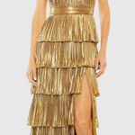 Mac Duggal NWT 30763 Gold High Neck Pleated Tiered Ruffle Metallic Gown Size 12 Photo 0