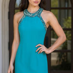Oleg Cassini  Turquoise Cocktail Dress – Size 6 – 100% Silk – Beaded Halter Neck Photo 0