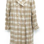 Vintage Tweed Double Breasted Plaid Gingham Jacket Coat Peacoat Trench Long Tan Size M Photo 0