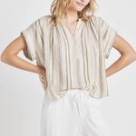 Splendid NWT  Beige and Green Priya Button Down Striped Blouse | XL Photo 0