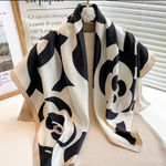 Big Camellia Print Shawl Elegant Color Block Large Square Scarf Black Photo 0