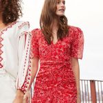 Parker  Krislyn Dress in Red Aurora 16 Womens Floral Chiffon Faux Wrap Photo 12