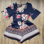 Three Pink Hearts  Navy Blue Floral Romper Short Sleeve Open Back Zip Size XS Photo 6