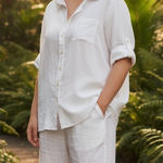 Allen Allen  Linen 3/4 Sleeve Shirt in White Size 1X Photo 0