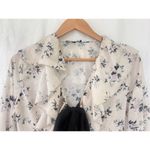 NNWM Woman Floral Ruffle Blouse Black Bow Tie Bell Sleeve Button Victorian M White Size M Photo 1