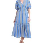 Taylor 14 Blue Striped V Neck Elbow Length Sleeve Tiered Maxi Dress EUC Photo 1