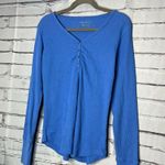 Columbia  Blue Ruched Long Sleeve Blouse V Neck 1/4 Button Light SZ S Petite Y2K Photo 6