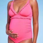 Isabel Maternity One Piece Swimsuit LARGE Pink Ruffle Plunge Padded Ruched Beach Photo 0