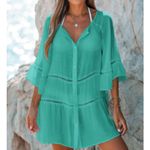 Cupshe  Women’s Teal Full Button Mini Dress/Swim Cover Sz L Photo 1