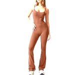 NEW SEXY Flare Bodycon Jumpsuit Cognac Spaghetti Strap Scoop Neck size 12/L Brown Size L Photo 1