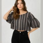 Hollister Striped Crop Top XS Flowy Ruffle Sleeves Cottage Batwing Dolman Linen Photo 0