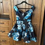 Windsor Blue Ember Satin Floral Formal Hoco Mini Dress Off Shoulder Sweetheart 8 Photo 4