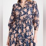 Trovata Birds of Paradis Yulia Navy Floral Long Sleeved Shirtdress | M Blue Size M Photo 4