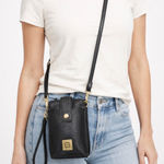 Stone Mountain Black Pebble Leather Phone Crossbody Bag Wristlet Strap Gold Logo Photo 0