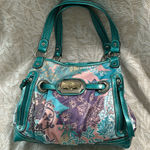 Kathy Van Zeeland  Turquoise‎ Patent Leather Multicolor Satin Fabric Shoulder Bag Photo 0