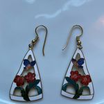 Vintage Floral Triangle Enamel Cloisonne Drop Earrings White Photo 0