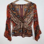 Free People Rosalie Printed Faux Wrap Flared Sleeves Top Boho Festival Sz Small Photo 1