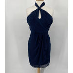 Badgley Mischka Dress Pleated Y Neck Halter Drape Front Mini Navy Blue Womens 4 Photo 1