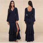 Lulus Tier Elegance Navy Long Sleeve Tiered Maxi Dress Size 2X Blue Photo 1