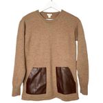 J.Crew Factory Merino Wool Faux Leather Pockets Sweater Brown Women’s Small Photo 0