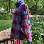 Eddie Bauer  XL High Neck Blue & Maroon Plaid Fleece Sherpa Top 1/4 Zip Photo 2
