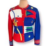 Vintage 90s Nautical Knit Cardigan Sweater Round Neck Bright Pattern Cropped Red Size M Photo 1