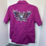 Harley Davidson Womens Short Sleeve Shirt Size L Pink Button Up Y2K Woven Wings Size L Photo 4