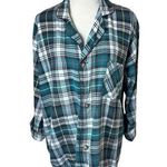 90s Vintage Hill & Archer Green Plaid Cotton Pajama Flannel Top Grunge Boyfriend Size L Photo 0