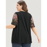 Bloomchic  Floral Mesh Patchwork Ruffle Sleeve Round Neck T-Shirt Black 12 Photo 1