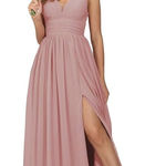 Bridesmaid Dress 8 Chiffon Long Wedding Guest A Line V Neck Formal Evening Slit Pink Photo 0