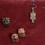 Owl Earrings, Set Of Three. Pewter & Rose gold Owls On Posts. Silver Dangle Owl Photo 1