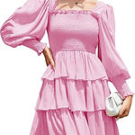 pink puff sleeve shirred tiered smock mini dress. Size L Photo 0