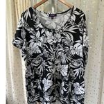 Roaman's Hawaiian Tropical Monstera Leaves Scoop Quarter Button Blouse 1X Black Photo 1