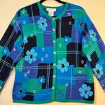 Robert Scott VTG Floral Patchwork Knitted Cotton Linen Cardigan Sweater Medium Blue Photo 0