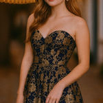 Vintage 1980s Strapless Floral Gold Foil Burnout Mini Dress 6 Prom Event Party Blue Photo 0