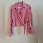 ZARA  Pink Linen Wrap Crop Top Blouse Tie Waist Long Sleeve Women’s Size L Photo 1