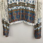 Free People White Blue Macra Maze Me Printed Fringe Bohemian Pleasant Blouse Photo 6
