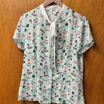 Unique Vintage  Short Sleeve Bow Neck Button Up Blouse Paris French Print XL 14 Photo 10